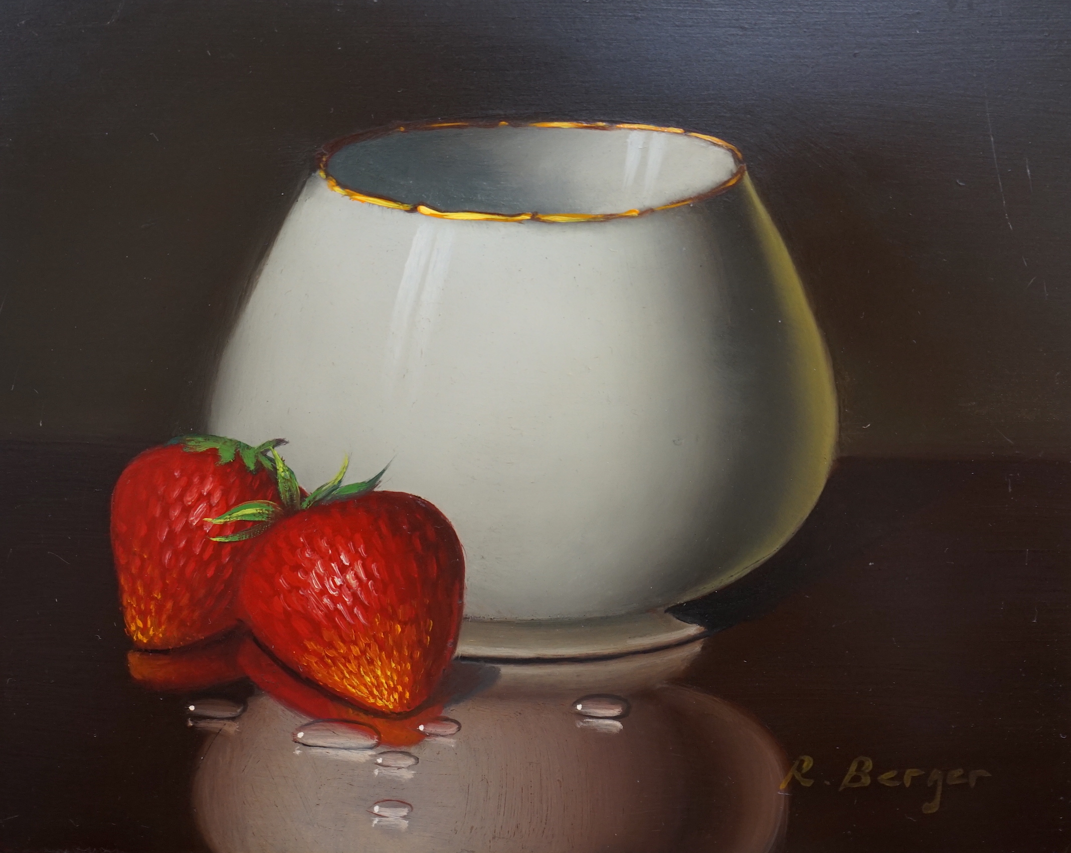 Ronald Berger (Austrian, b.1943), oil on board, Still life of strawberries before a vessel, signed, 12 x 15cm